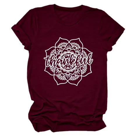 Women Casual Cotton T-Shirt Vintage Mandala Floral Print Round Neck Short Sleeve Thankful Graphic Top