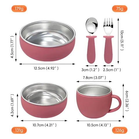 Baby Feeding Tableware Set 304 Stainless Steel Silicone Bowl Cup Spoon Fork Infant Toddler Self Feeding Dinnerware