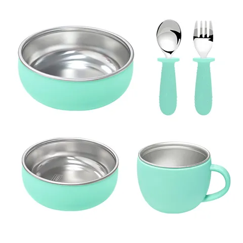 Baby Feeding Tableware Set 304 Stainless Steel Silicone Bowl Cup Spoon Fork Infant Toddler Self Feeding Dinnerware