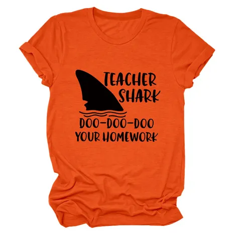Teacher Shark Grappige Letterprint Dames Katoen T-Shirt Losse Ronde Hals Korte Mouw Westers Casual Crewneck Graphic Tee Top