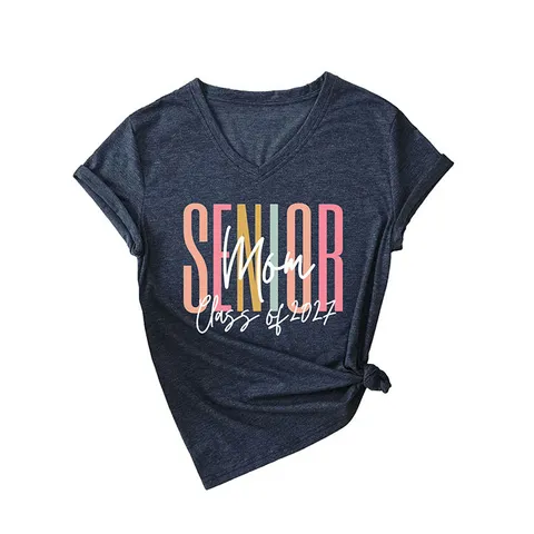 T-Shirt Femmes Style Occidental Col en V Manches Courtes Coton Imprimé Géométrique Lettres Coupe Ample Décontracté