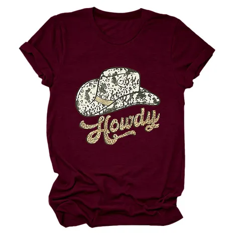 Women Casual Cotton Round Neck Short Sleeve T-Shirt Loose Letter Print Cowboy Hat Graphic Top For Daily Commuting