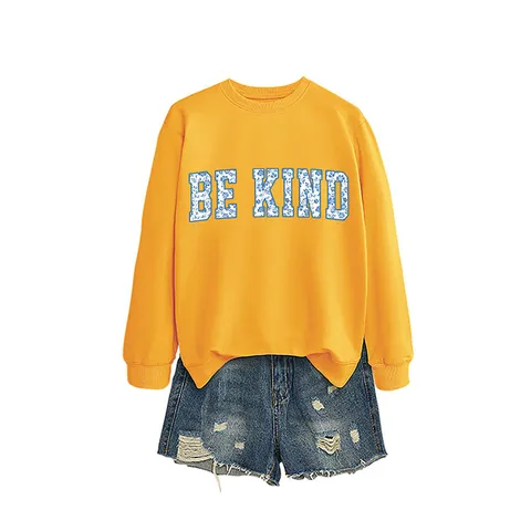 Damen Be Kind Blaues Blumenmuster Buchstabendruck Sweatshirt Casual Langarm Rundhals Baumwolle Pullover Top Herbst Winter Kleidung