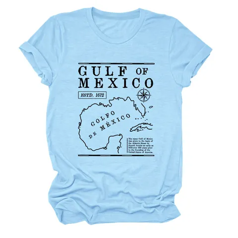 Dames Casual Katoenmix T-Shirt Vintage Gulf Of Mexico Kaart Print Ronde Hals Korte Mouw Ruime Top Retro Graphic Tee