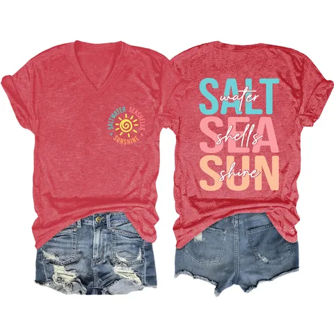 Maglietta da Donna Casual in Cotone Scollo a V Manica Corta Stampa Saltwater Seashells Taglio Comodo per Vacanza Quotidiano Abbigliamento