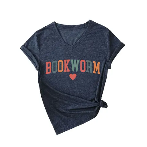 Dames Casual V-hals Korte Mouw T-shirt Zijknoop Zoom Graphic Tee Top Met Bookworm Letter Hart Print Katoenmix Zomer