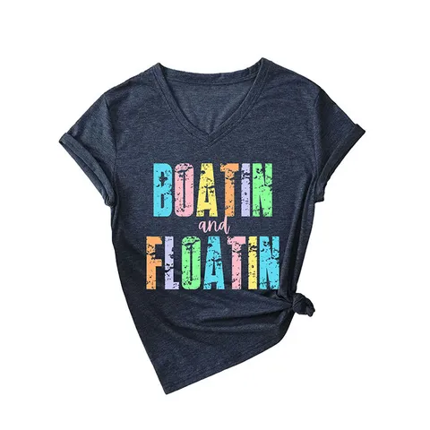 Γυναικείο Casual T-Shirt με Λαιμόκοψη V Κοντό Μανίκι Μείγμα Βαμβακιού Εκτύπωση Γραμμάτων Χαλαρή Εφαρμογή Top Βασικό