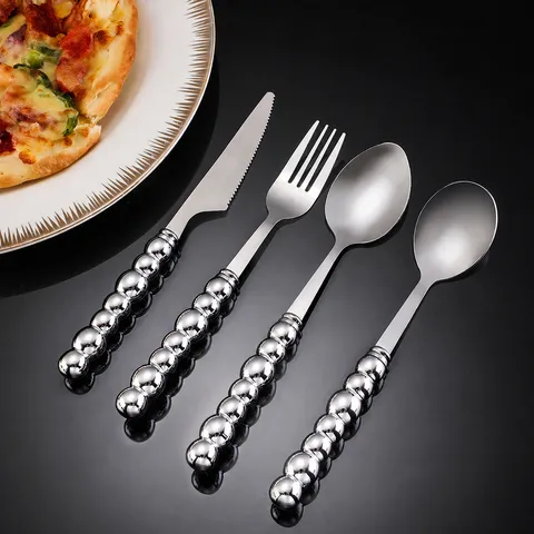 Set de Couverts en Acier Inoxydable Vaisselle Service de Table avec Support Poignée Perlée Couteau Fourchette Cuillère