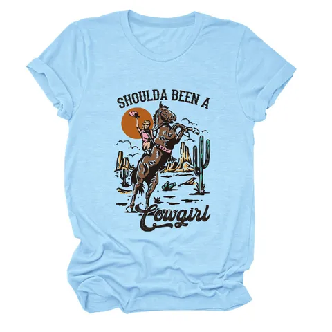 Maglietta da Donna in Misto Cotone Girocollo Manica Corta Retro Western Cowgirl Stampa Grafica Top Moda Estiva Quotidiana