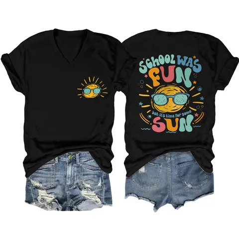 Damen Casual Baumwollmischung V-Ausschnitt T-Shirt Süß Sonne Buchstaben Grafik Druck Lose Kurzarm Top Mode Sommerkleidung