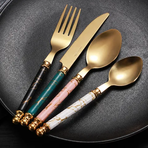Nordic Light Luxury Stainless Steel Flatware Set Gold Plated Knife Fork Spoon Four Piece Set Home Dining Tableware