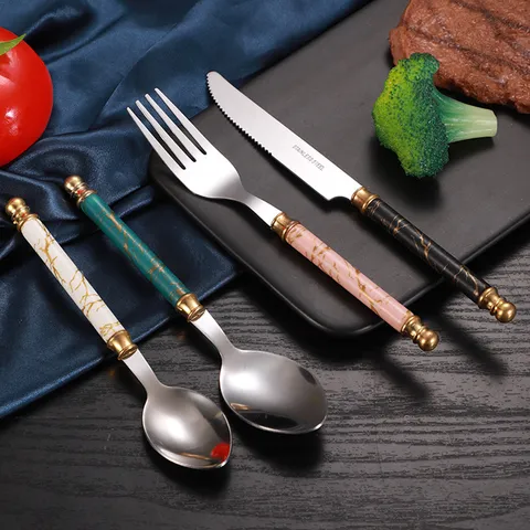 Stainless Steel Cutlery Set Titanium Gold Steak Knife Fork Spoon Kitchen Tableware With Marble Pattern Handle