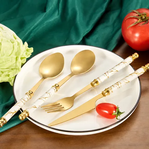 Stainless Steel Cutlery Set Luxury Marble Pattern Handle Gold Plated Tableware Knife Fork Spoon Set For Kitchen Dining