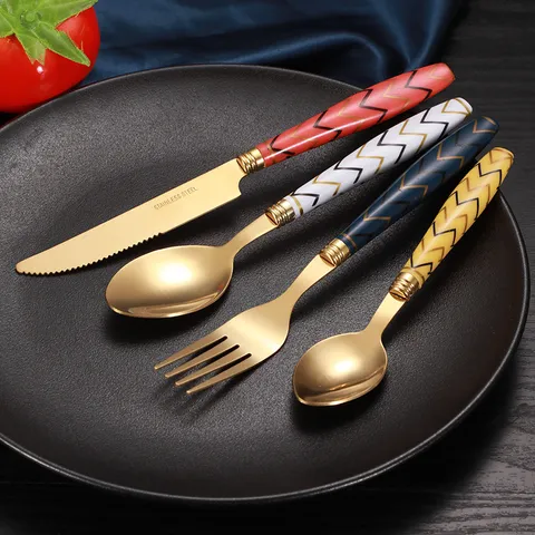 Ensemble de Couverts en Acier Inoxydable Plaqué Or Titane avec Support de Rangement Vaisselle de Cuisine Couteau Fourchette Cuillère