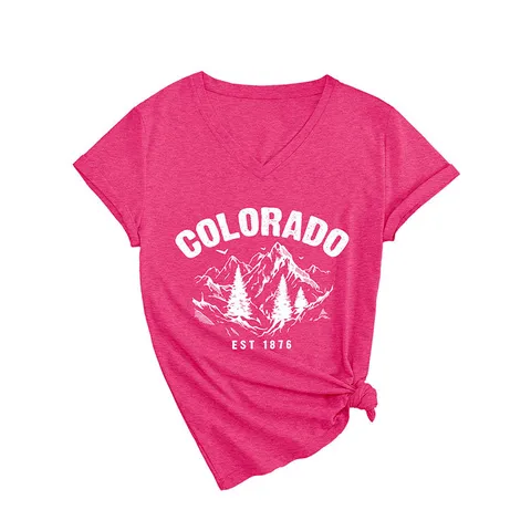 Colorado Est 1876 Damen V-Ausschnitt T-Shirt Bergdruck Kurzarm Top Baumwollmischung Lässig Modisch Grafik Tee Für Damen