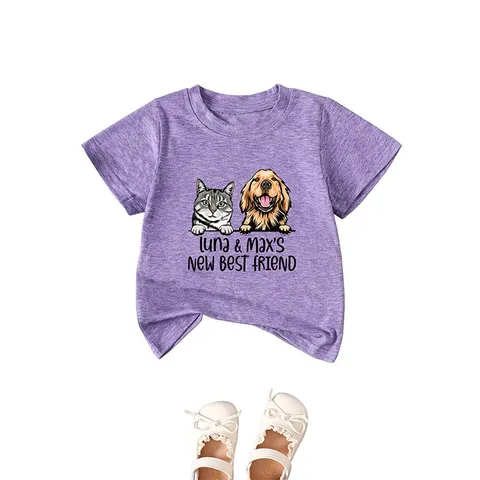 Kids Casual Cotton Polyester Blend T-Shirt With Cartoon Cat Dog Print Short Sleeve Crew Neck Top For Boys Girls