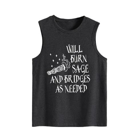 Damen Lässig Baumwollmischung Ärmellos Tank Top Bedruckt Will Burn Sage Grafik Rundhals Locker Lange Weste Top
