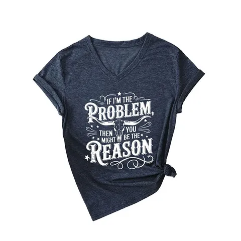 Γυναικείο Casual Βαμβακερό T-Shirt Λαιμόκοψη V Κοντό Μανίκι Χαλαρή Εφαρμογή Τύπωμα Κρανίο Ταύρου Σλόγκαν Τοπ με Κόμπο στο Στρίφωμα