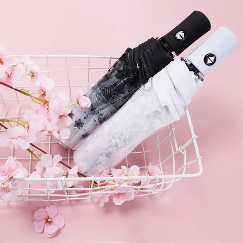 Ombrello Pieghevole Automatico Floreale Trasparente Impermeabile Antivento Ombrello da Pioggia a Tre Pieghe Con Manico Nero Per Donna Uomo