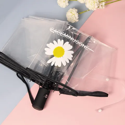 Transparent Daisy Automatic Three Fold Umbrella Clear PVC Sun Rain Windproof Travel Parasol Daisy Print