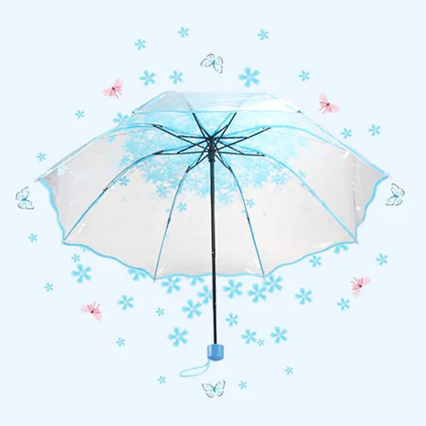 Transparent Cherry Blossom Folding Umbrella Three Fold Automatic Rain And Sun Umbrella For Women Floral Clear Parasol