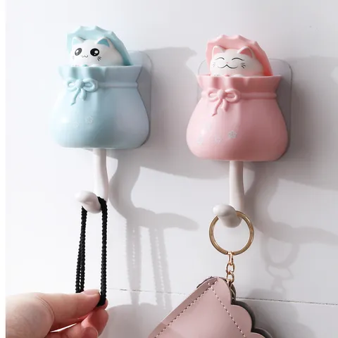 Gancio da Parete Creativo Gatto Carino Borsa della Fortuna in Plastica Adesivo Senza Perforazione per Conservazione Decorazione Cucina Bagno