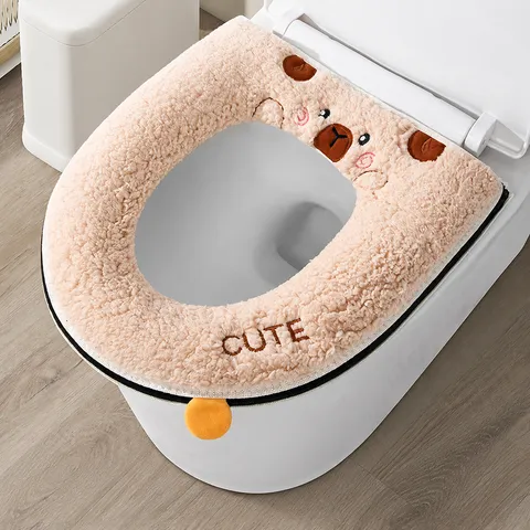 Fundas De Asiento De Inodoro De Felpa Gruesa De Invierno Suave Con Cremallera Y Bordado De Oso Accesorios De Baño Para El Hogar