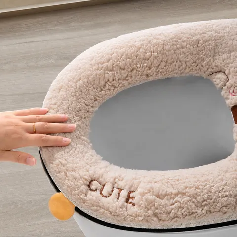 Fundas De Asiento De Inodoro De Felpa Gruesa De Invierno Suave Con Cremallera Y Bordado De Oso Accesorios De Baño Para El Hogar