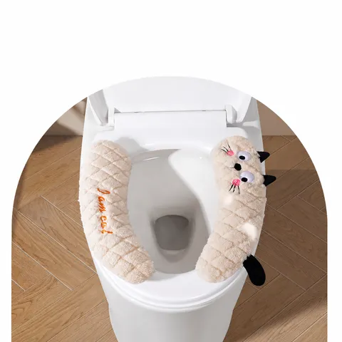 Verdickter Flanell Toilettensitzbezug Süße Cartoon Katze Stickerei Warmer Waschbarer Klebender Toilettensitz Für Badezimmer Zuhause