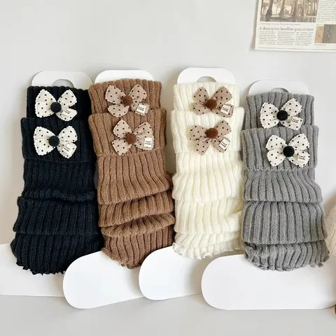 Women Cute Knitted Leg Warmers Japanese JK Style Winter Warm Slouch Socks With Bow Girls Fashion Daily Long Boot Cuffs