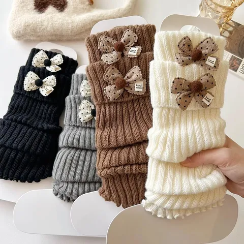 Women Cute Knitted Leg Warmers Japanese JK Style Winter Warm Slouch Socks With Bow Girls Fashion Daily Long Boot Cuffs