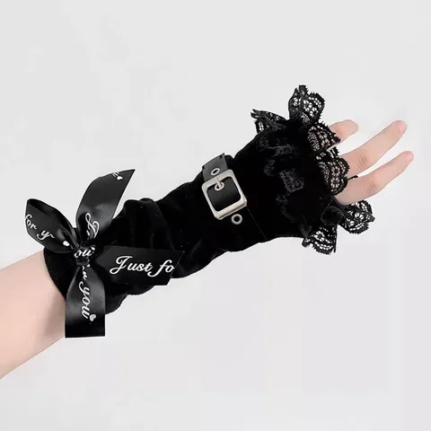 Y2K Gothic Black White Striped Arm Sleeves Women Lace Punk Leather Buckle Fingerless Gloves Sweet Cool Style Accessories