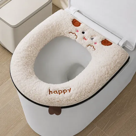 Fundas para Asientos de Inodoro de Peluche de Oveja de Dibujos Animados Cálido Lavable Cremallera Tapa de Inodoro Lindo Bordado Alfombrilla