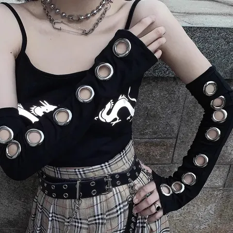 Manchettes Gotique Punk Pour Femmes Gants Sans Doigts Tricotés Noirs Avec Œillets Métalliques Chauffe-Bras Mode Streetwear
