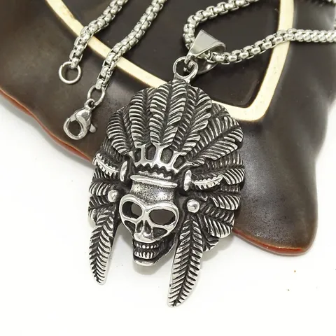 Collana con Ciondolo a Teschio con Maschera Indiana da Uomo in Acciaio Inossidabile Vintage Punk Rock Hip Hop Catena Gioielli Regalo