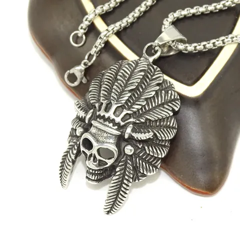Collana con Ciondolo a Teschio con Maschera Indiana da Uomo in Acciaio Inossidabile Vintage Punk Rock Hip Hop Catena Gioielli Regalo