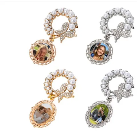 Vintage Alloy Rhinestone Artificial Pearl Butterfly Photo Frame Brooch Pin Wedding Jewelry