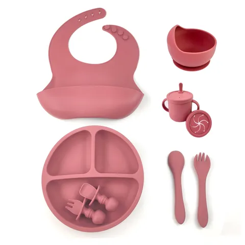 Baby Feeding Set Silicone Suction Bowl Divided Plate Bib Spoon Cup Infant Tableware