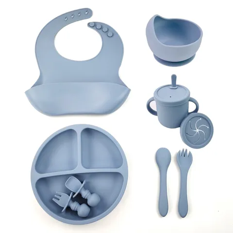 Baby Feeding Set Silicone Suction Bowl Divided Plate Bib Spoon Cup Infant Tableware