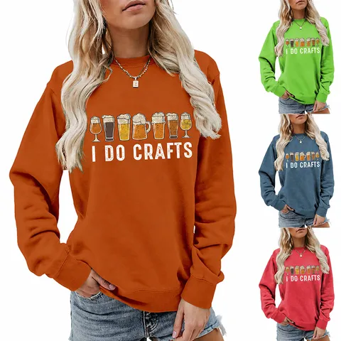 Women Casual Round Neck Sweatshirt Funny Beer Mugs Graphic Print Letter Long Sleeve Pullover Cotton Loose Sweatshirt Top