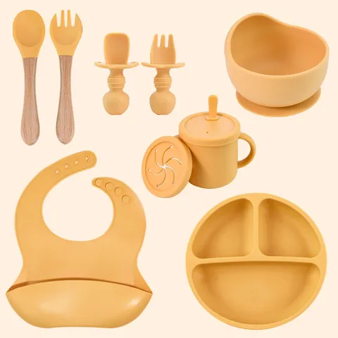 Baby Silicone Feeding Set Divided Dinner Plate Bowl Bib Spoon Fork Drinking Cup Toddler Tableware Baby Gift Set