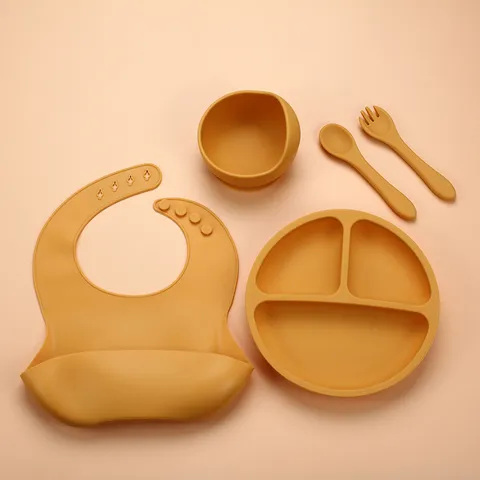 Baby Feeding Silicone Tableware Divided Suction Plate Bowl Bib Spoon Fork Infant Tableware Kitchen Dining