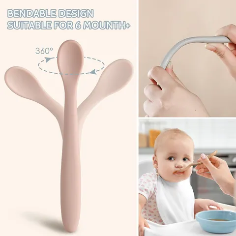 Baby Food Grade Silicone Bending Spoon Infant Training Feeding Tableware Soft Flexible Toddler Self Feeding Spoon