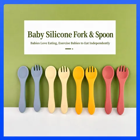 Baby Silicone Feeding Training Fork And Spoon Set Infant Supplementary Food Soft Tableware Toddler Self Feeding Utensils