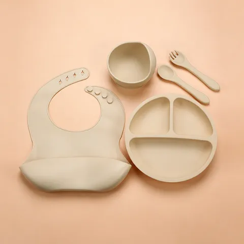 Baby Feeding Silicone Tableware Divided Suction Plate Bowl Bib Spoon Fork Infant Tableware Kitchen Dining