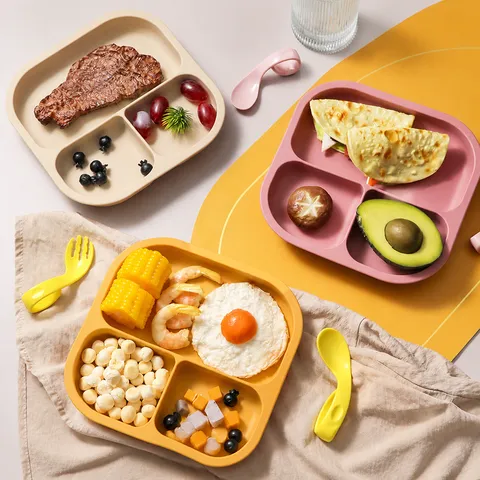 Baby Silicone Divided Plate With Suction Cup Infant Toddler Weaning Suction Plate Fork And Spoon Set Drop Resistant Tableware