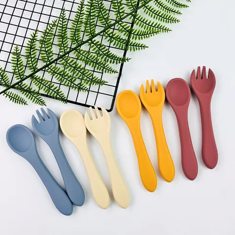 Baby Silicone Feeding Training Fork And Spoon Set Infant Supplementary Food Soft Tableware Toddler Self Feeding Utensils