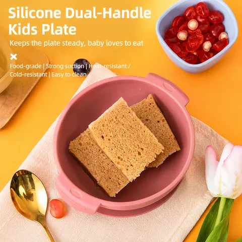 Baby Feeding Suction Silicone Plate And Bowl Set Toddler Divided Dish With Dual Handles Heat Resistant Baby Tableware
