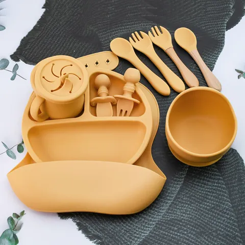 Baby Silicone Feeding Set Divided Plate Bib Fork Spoon Drinking Cup Infant Tableware Set Toddler Weaning Supplies