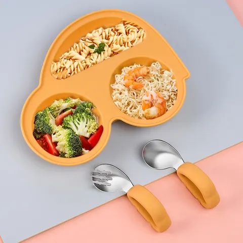 Baby Silicone Divided Dinner Plate Cute Car Shape Toddler Feeding Dish With Spoon Fork Tableware Set
